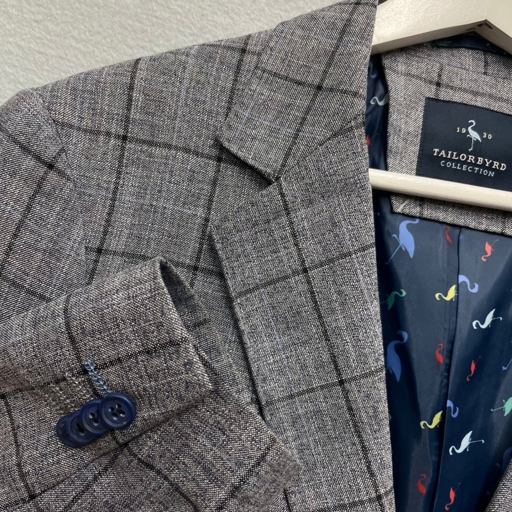 Tailorbyrd Collection Mens Grey Glen Plaid Flamingo Lining Blazer Sport Coat 38R